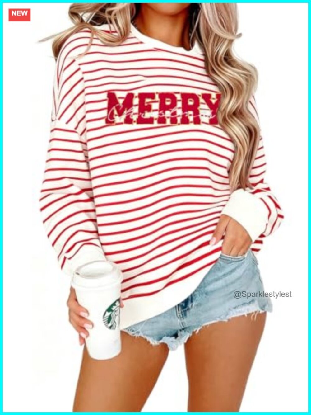 Women's Christmas Glitter Patch Striped Crewneck Sweatshirt Holiday Pullover